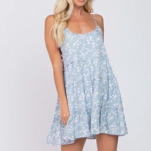 Light Blue Floral Sleeveless Tiered Mini Dress